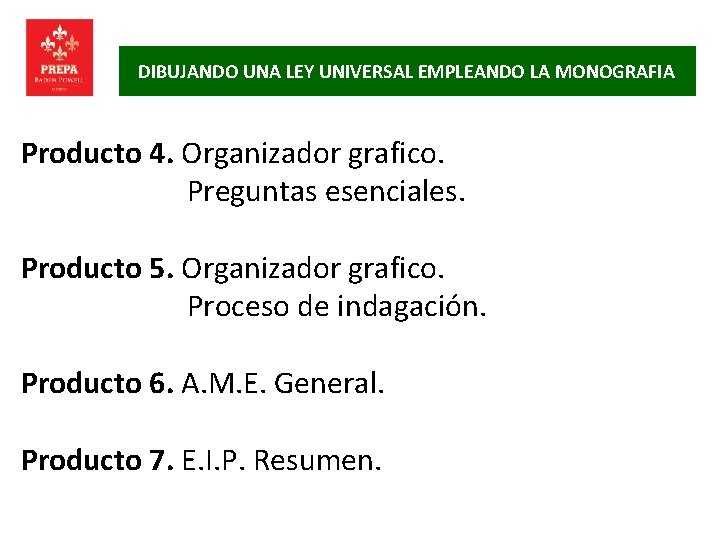 DIBUJANDO UNA LEY UNIVERSAL EMPLEANDO LA MONOGRAFIA Producto 4. Organizador grafico. Preguntas esenciales. Producto