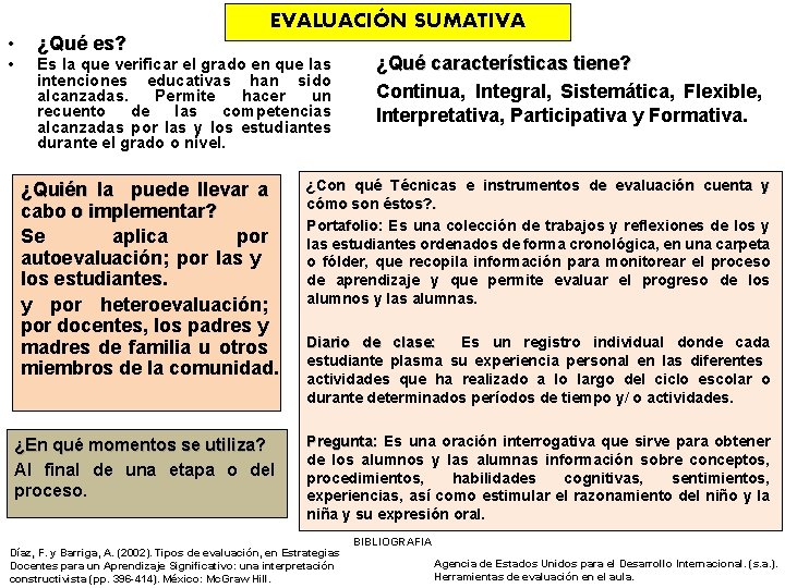  • • ¿Qué es? EVALUACIÓN SUMATIVA Es la que verificar el grado en