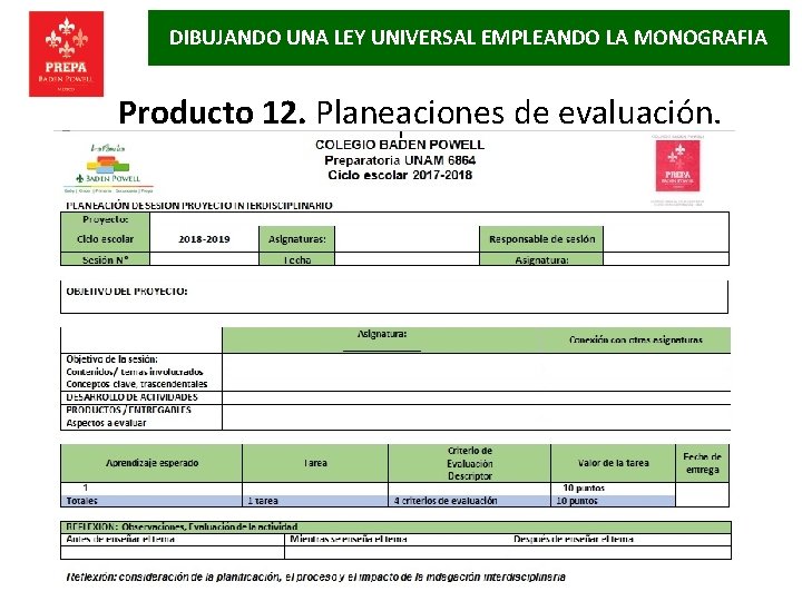 DIBUJANDO UNA LEY UNIVERSAL EMPLEANDO LA MONOGRAFIA Producto 12. Planeaciones de evaluación. 