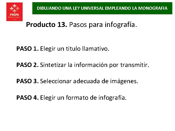 DIBUJANDO UNA LEY UNIVERSAL EMPLEANDO LA MONOGRAFIA Producto 13. Pasos para infografía. PASO 1.