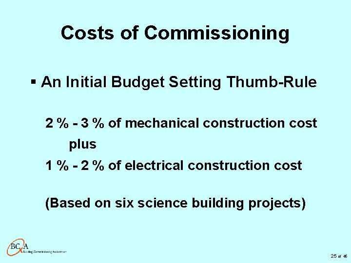 Costs of Commissioning § An Initial Budget Setting Thumb-Rule 2 % - 3 %