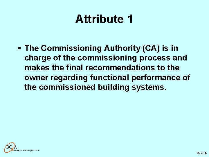 Attribute 1 § The Commissioning Authority (CA) is in charge of the commissioning process