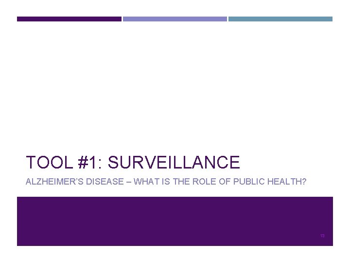 TOOL #1: SURVEILLANCE ALZHEIMER’S DISEASE – WHAT IS THE ROLE OF PUBLIC HEALTH? 13