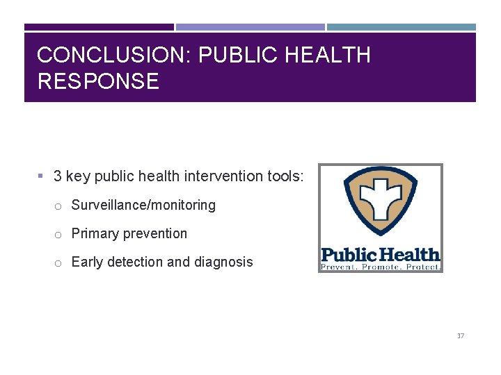 CONCLUSION: PUBLIC HEALTH RESPONSE § 3 key public health intervention tools: o Surveillance/monitoring o