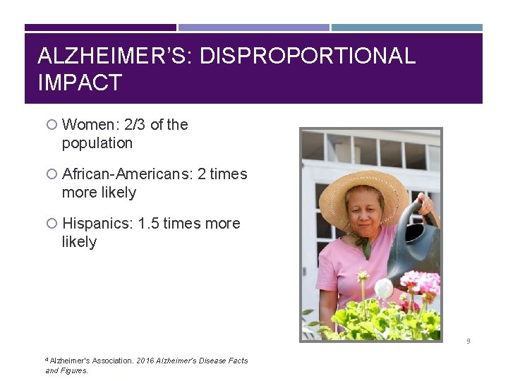 ALZHEIMER’S: DISPROPORTIONAL IMPACT Women: 2/3 of the population African-Americans: 2 times more likely Hispanics: