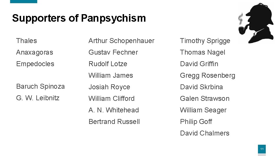 Supporters of Panpsychism Thales Arthur Schopenhauer Timothy Sprigge Anaxagoras Gustav Fechner Thomas Nagel Empedocles