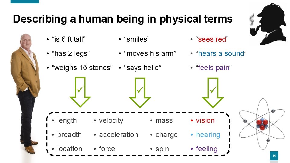 Describing a human being in physical terms • “is 6 ft tall” • “smiles”