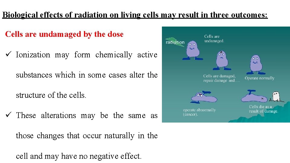 Biological effects of radiation on living cells may result in three outcomes: Cells are