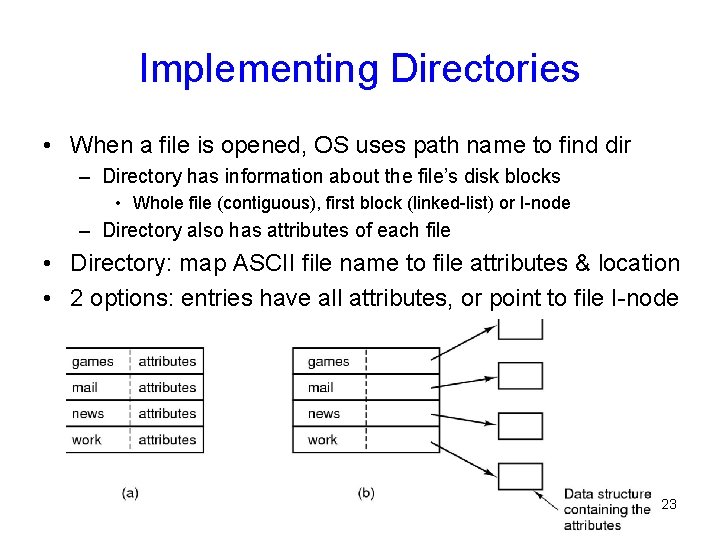 Implementing Directories • When a file is opened, OS uses path name to find