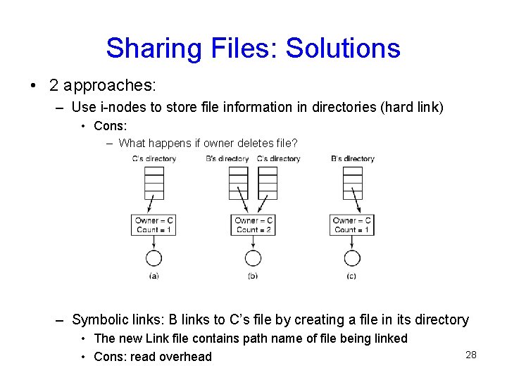 Sharing Files: Solutions • 2 approaches: – Use i-nodes to store file information in
