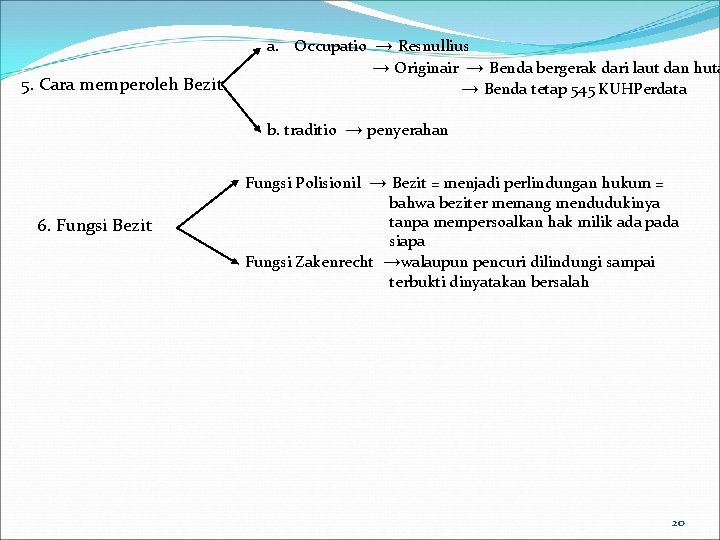 5. Cara memperoleh Bezit a. Occupatio → Resnullius → Originair → Benda bergerak dari