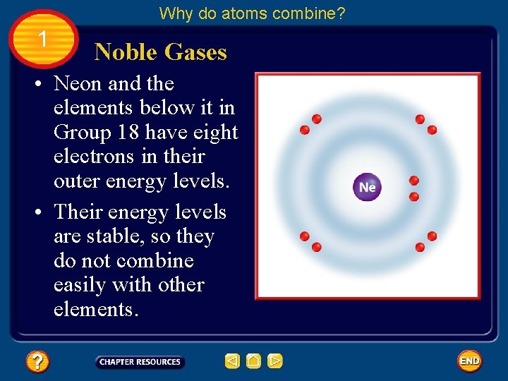 Why do atoms combine? 1 Noble Gases • Neon and the elements below it