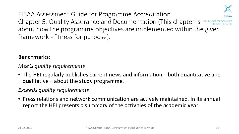FIBAA Assessment Guide for Programme Accreditation Chapter 5: Quality Assurance and Documentation (This chapter