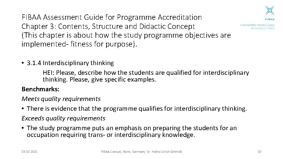 FIBAA Assessment Guide for Programme Accreditation Chapter 3: Contents, Structure and Didactic Concept (This