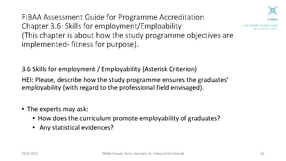 FIBAA Assessment Guide for Programme Accreditation Chapter 3. 6: Skills for employment/Emploability (This chapter