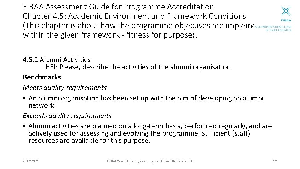 FIBAA Assessment Guide for Programme Accreditation Chapter 4. 5: Academic Environment and Framework Conditions