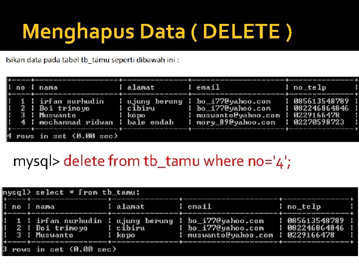 Menghapus Data ( DELETE ) mysql> delete from tb_tamu where no='4'; 