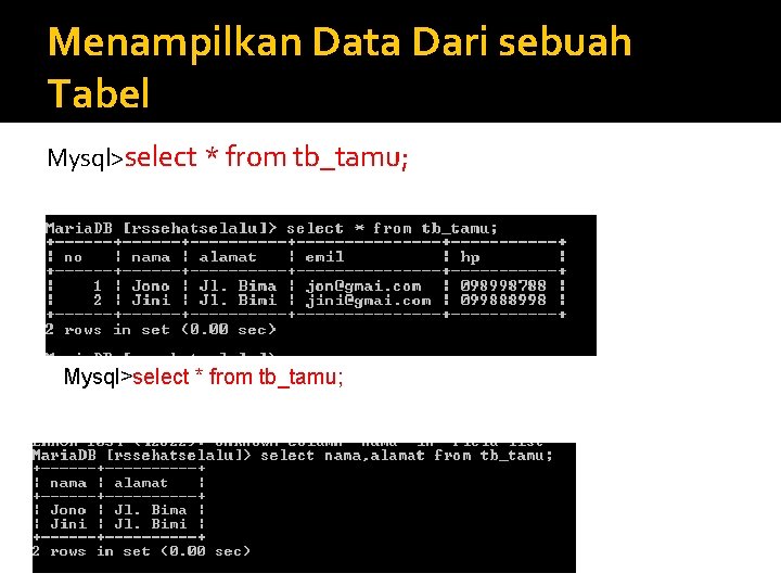 Menampilkan Data Dari sebuah Tabel Mysql>select * from tb_tamu; 