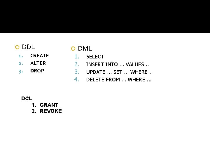  DDL 1. CREATE 2. ALTER 3. DROP DCL 1. GRANT 2. REVOKE DML