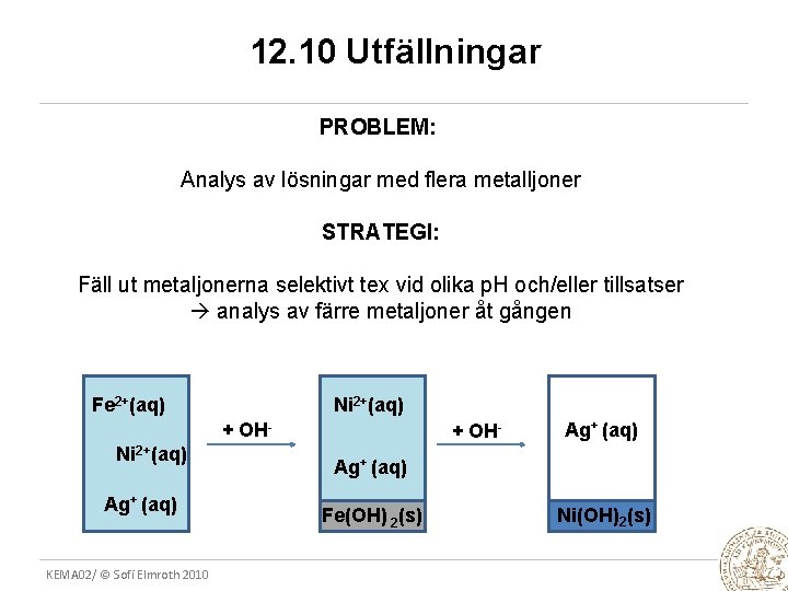 12. 10 Utfällningar PROBLEM: Analys av lösningar med flera metalljoner STRATEGI: Fäll ut metaljonerna