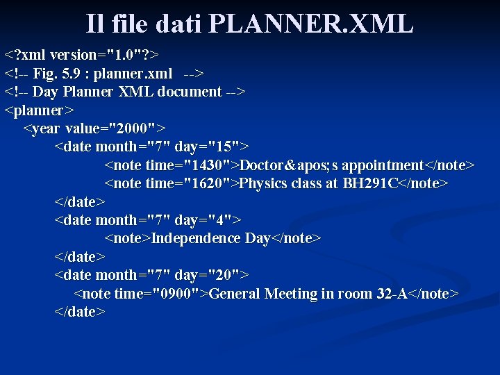 Il file dati PLANNER. XML <? xml version="1. 0"? > <!-- Fig. 5. 9
