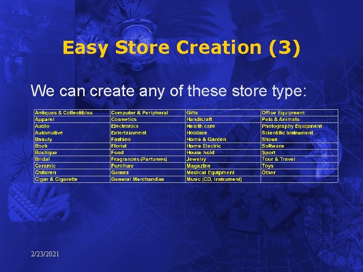 Easy Store Creation (3) We can create any of these store type: 2/23/2021 