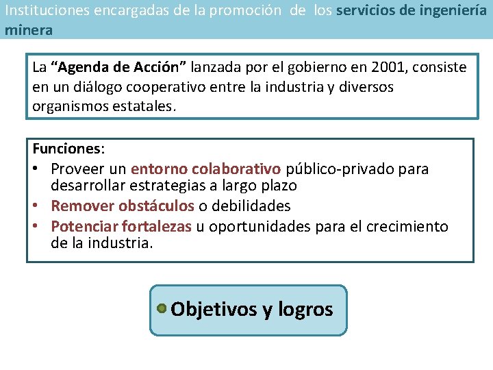 Instituciones encargadas de la promoción de los servicios de ingeniería minera La “Agenda de