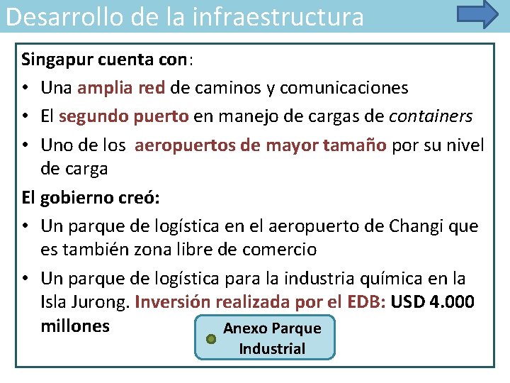 Desarrollo de la infraestructura Singapur cuenta con: • Una amplia red de caminos y