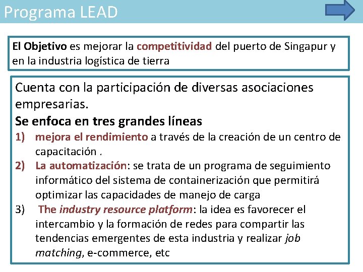 Programa LEAD El Objetivo es mejorar la competitividad del puerto de Singapur y en