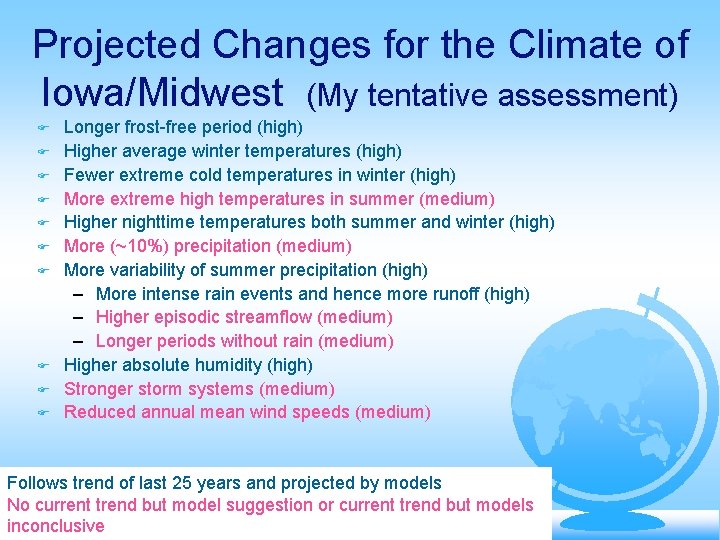 Projected Changes for the Climate of Iowa/Midwest (My tentative assessment) Longer frost-free period (high)