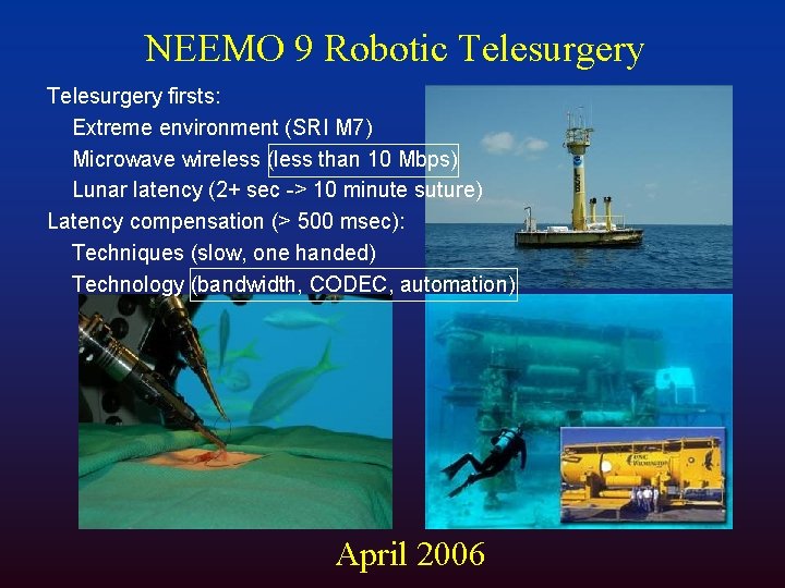 NEEMO 9 Robotic Telesurgery firsts: Extreme environment (SRI M 7) Microwave wireless (less than