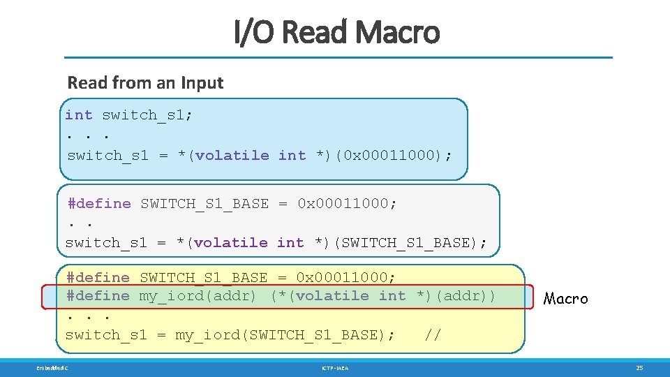 I/O Read Macro Read from an Input int switch_s 1; . . . switch_s