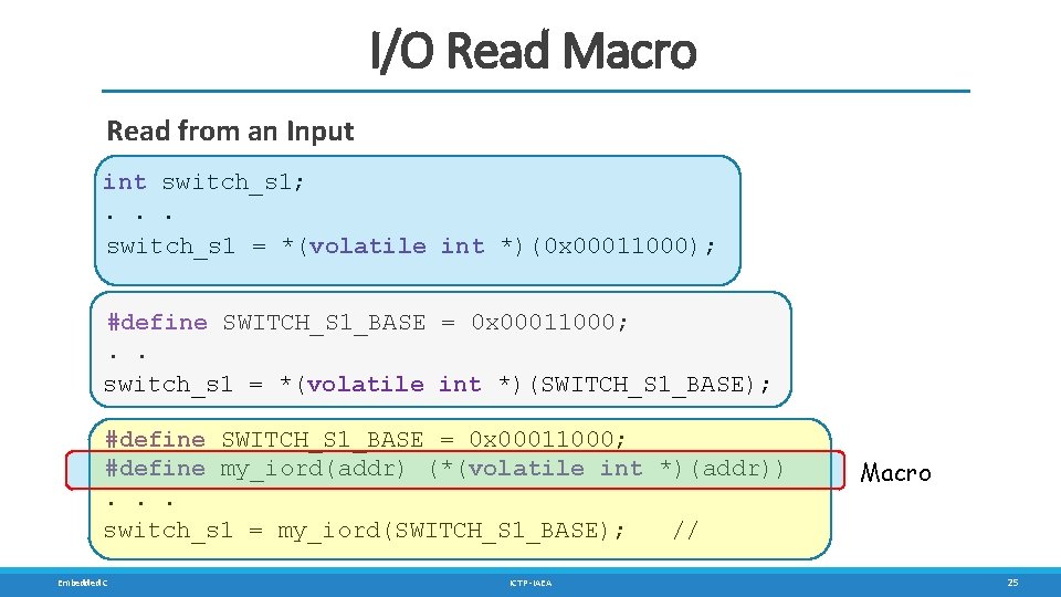 I/O Read Macro Read from an Input int switch_s 1; . . . switch_s I/O Read Macro Read from an Input int switch_s 1; . . . switch_s