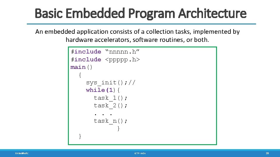 Basic Embedded Program Architecture An embedded application consists of a collection tasks, implemented by Basic Embedded Program Architecture An embedded application consists of a collection tasks, implemented by