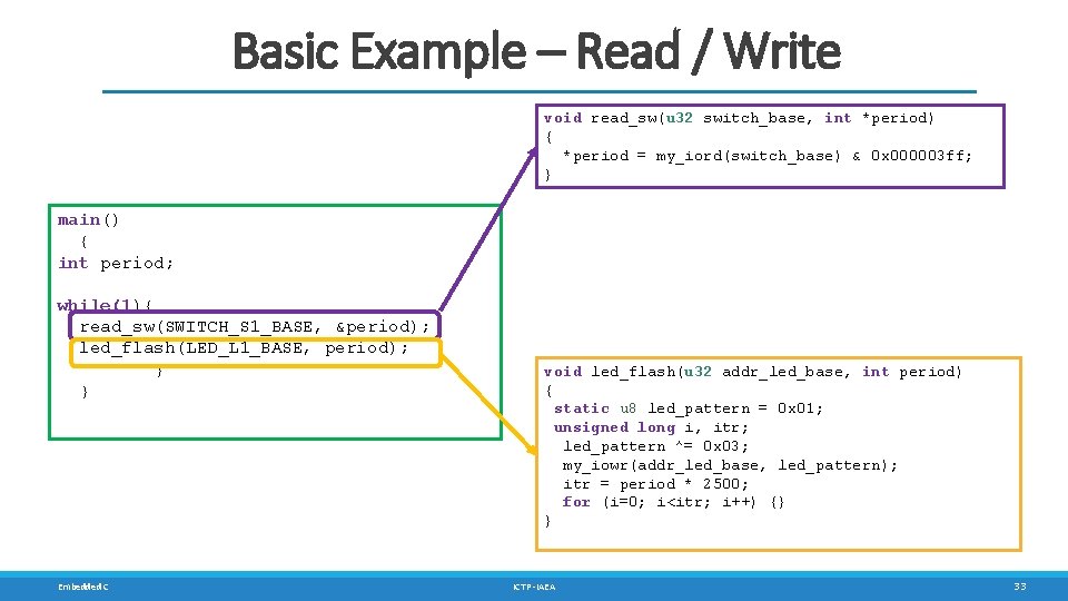 Basic Example – Read / Write void read_sw(u 32 switch_base, int *period) { *period