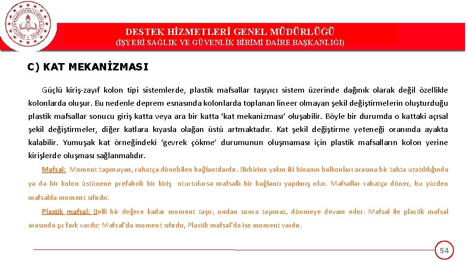 DESTEK HİZMETLERİ GENEL MÜDÜRLÜĞÜ (İŞYERİ SAĞLIK VE GÜVENLİK BİRİMİ DAİRE BAŞKANLIĞI) C) KAT MEKANİZMASI