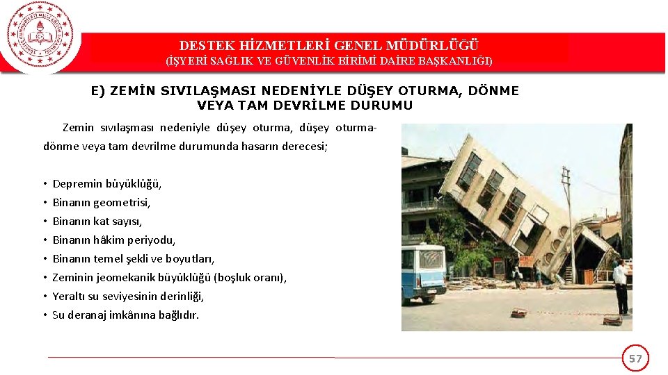 DESTEK HİZMETLERİ GENEL MÜDÜRLÜĞÜ (İŞYERİ SAĞLIK VE GÜVENLİK BİRİMİ DAİRE BAŞKANLIĞI) E) ZEMİN SIVILAŞMASI