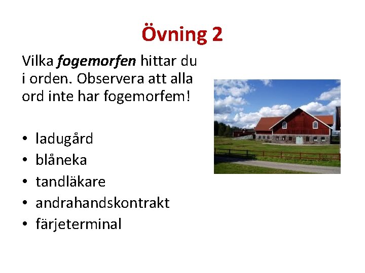 Övning 2 Vilka fogemorfen hittar du i orden. Observera att alla ord inte har