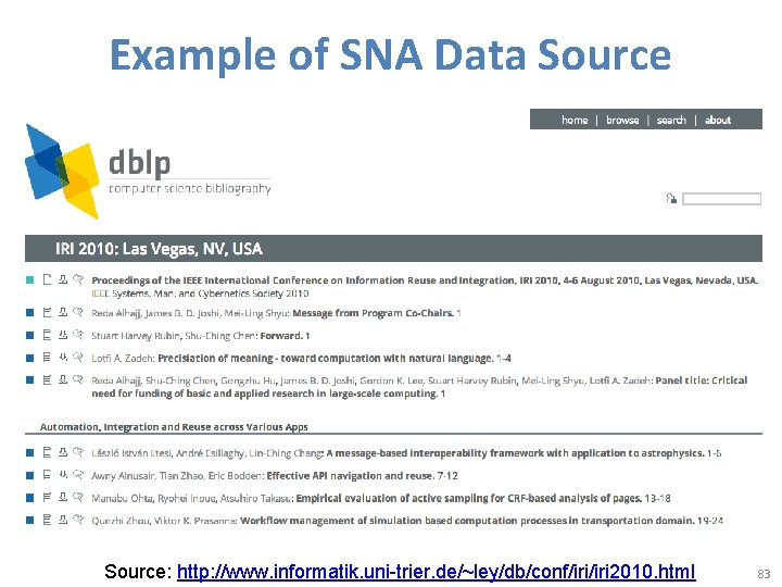 Example of SNA Data Source: http: //www. informatik. uni-trier. de/~ley/db/conf/iri 2010. html 83 