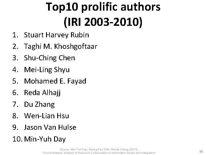 Top 10 prolific authors (IRI 2003 -2010) 1. Stuart Harvey Rubin 2. Taghi M.