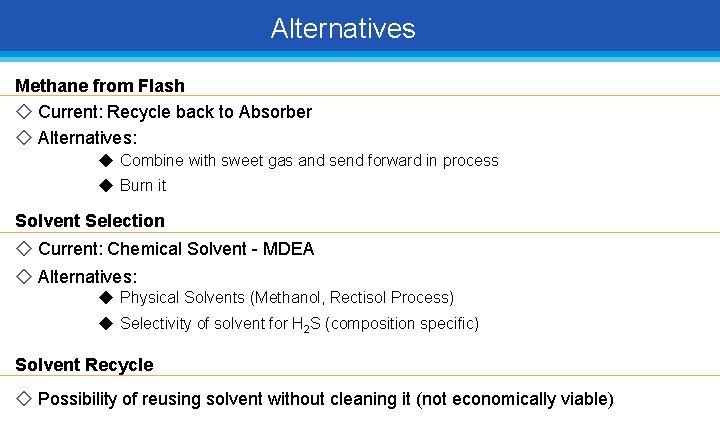 Alternatives Methane from Flash ◇ Current: Recycle back to Absorber ◇ Alternatives: ◆ Combine
