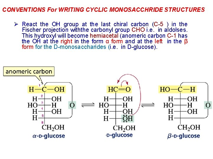 CONVENTIONS For WRITING CYCLIC MONOSACCHRIDE STRUCTURES Ø React the OH group at the last