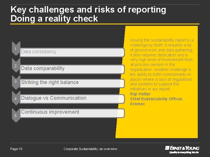 Key challenges and risks of reporting Doing a reality check 1. Data consistency 2.