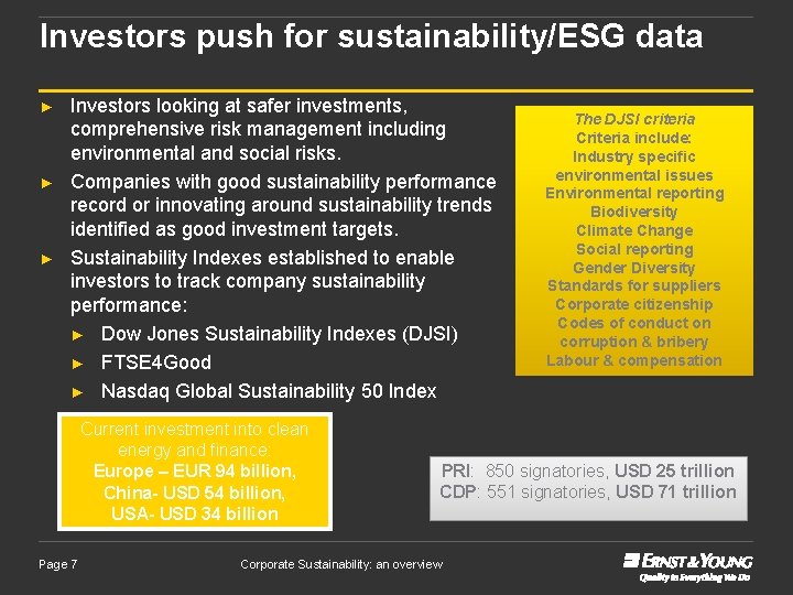 Investors push for sustainability/ESG data ► ► ► Investors looking at safer investments, comprehensive