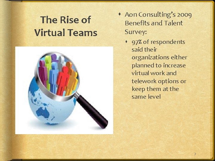 The Rise of Virtual Teams Aon Consulting’s 2009 Benefits and Talent Survey: 97% of