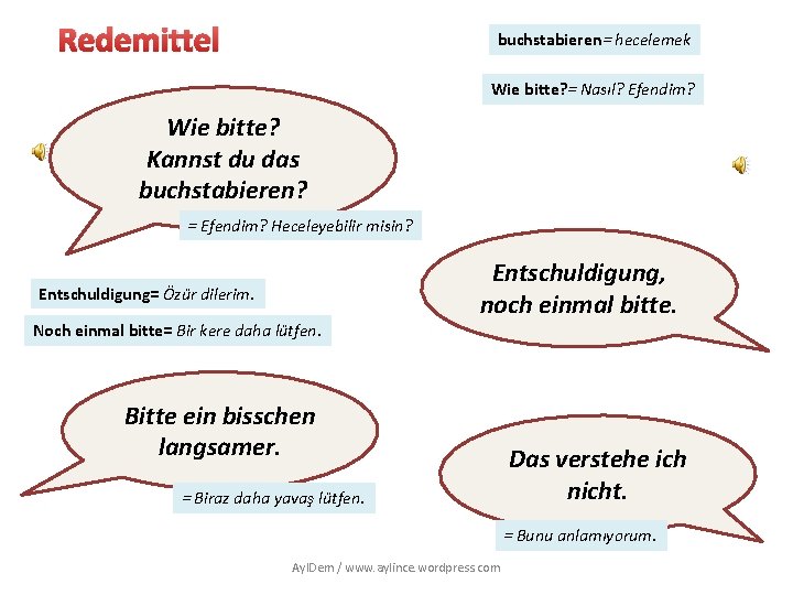 Redemittel buchstabieren= hecelemek Wie bitte? = Nasıl? Efendim? Wie bitte? Kannst du das buchstabieren?