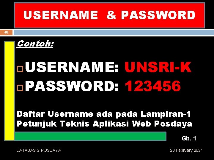 USERNAME PELAKSANAN & PASSWORD MEKANISME 48 Contoh: USERNAME: UNSRI-K PASSWORD: 123456 Daftar Username ada