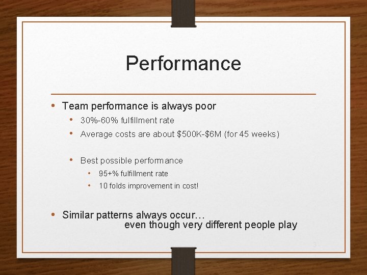 Performance • Team performance is always poor • 30%-60% fulfillment rate • Average costs