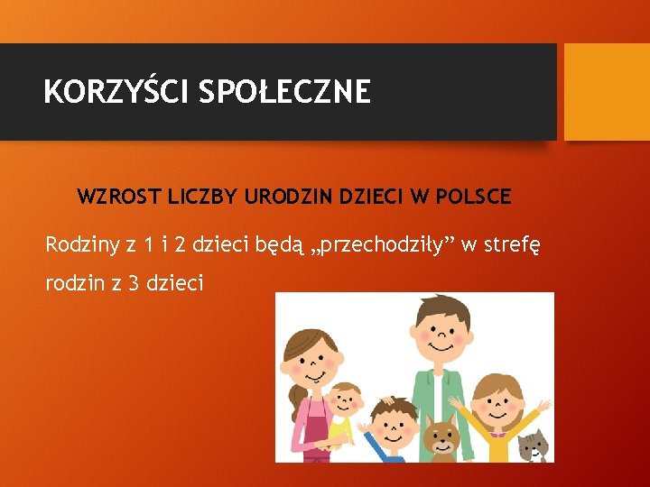 KORZYŚCI SPOŁECZNE WZROST LICZBY URODZIN DZIECI W POLSCE Rodziny z 1 i 2 dzieci