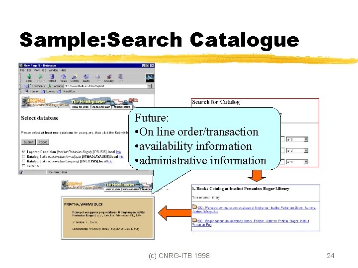 Sample: Search Catalogue Future: • On line order/transaction • availability information • administrative information